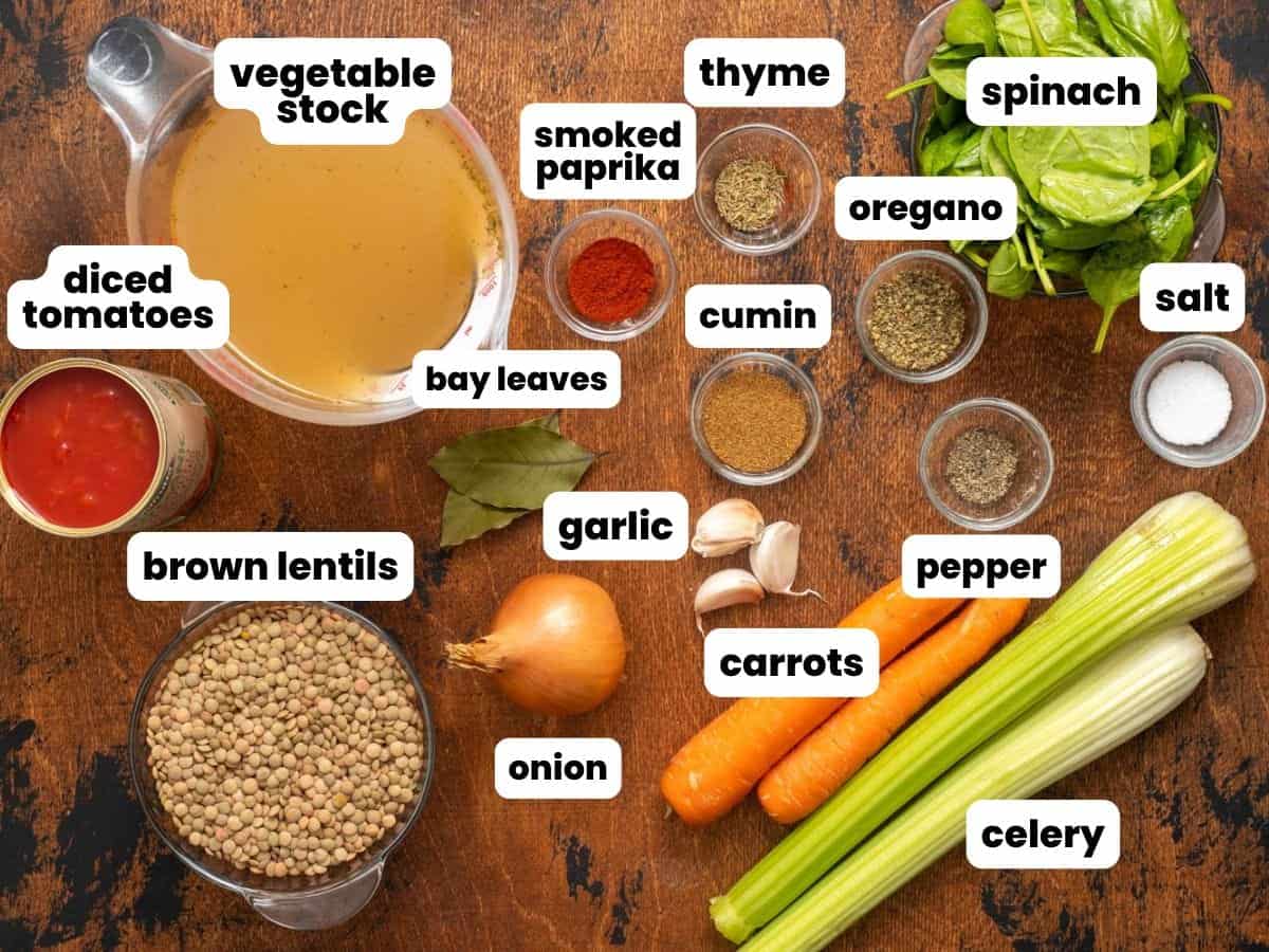 The ingredients needed to make lentil soup in the instant pot with dried herbs and canned tomatoes, all arranged on a wooden table.