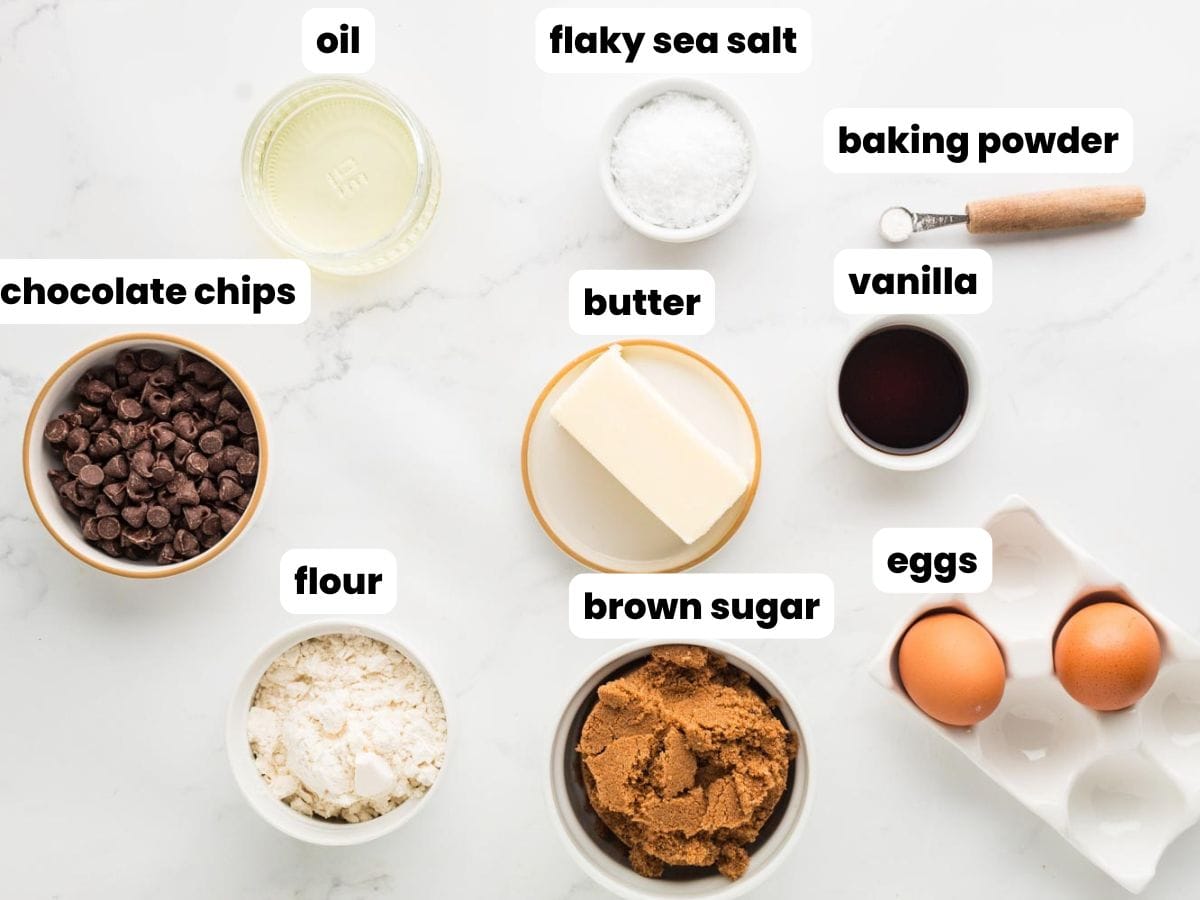 The ingredients needed to make brown butter blondies including brown sugar and chocolate chips