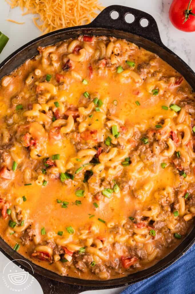 Image showcasing One Pot Cheeseburger Pasta - Little Sunny Kitchen