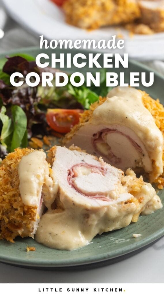 a green plate of chicken cordon bleu and salad with dijon sauce. Text overlay says "homemade chicken cordon bleu"