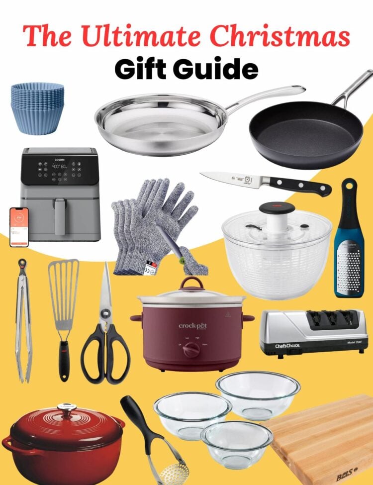 The Ultimate Christmas Gift Guide featuring various kitchen tools and appliances. Items include silicone baking cups, a stainless steel frying pan, nonstick skillet, digital air fryer, cut-resistant gloves, knife, salad spinner, hand grater, metal tongs, spatula, kitchen scissors, crockpot, knife sharpener, cast iron Dutch oven, potato masher, mixing bowls, and a wooden cutting board. These kitchen essentials are arranged on a white and yellow background.