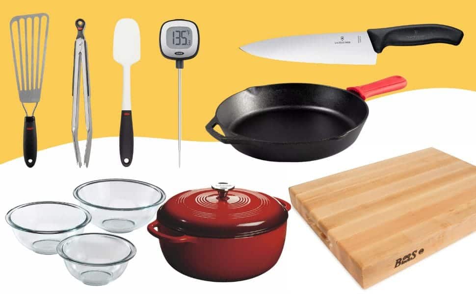 Christmas Gift Guide featuring essential kitchen tools and cookware. The items include a metal spatula, tongs, silicone spatula, digital cooking thermometer, chef’s knife, cast iron skillet with a red handle, mixing bowls, a red Dutch oven, and a large wooden cutting board. The items are arranged on a white and yellow background.