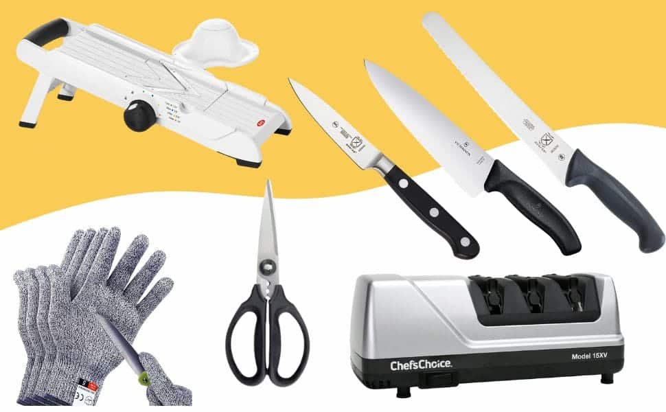 Christmas Gift Guide featuring kitchen tools and knife essentials. The items include a mandoline slicer with a hand guard, three different types of knives (paring knife, chef’s knife, and bread knife), cut-resistant gloves, kitchen scissors, and a Chef'sChoice electric knife sharpener. The items are arranged on a white and yellow background.