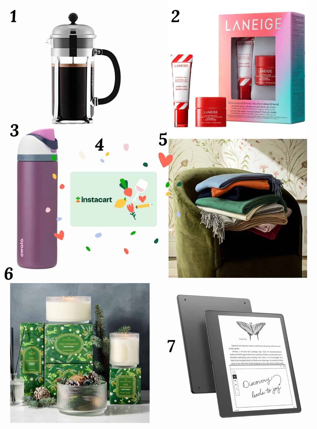 Christmas Gift Guide featuring a selection of thoughtful gift ideas. Items include: 1. A French press coffee maker, 2. Laneige lip care set with lip balm and lip mask, 3. Owala water bottle, 4. Instacart gift card, 5. Stack of colorful throw blankets on a green chair, 6. Holiday-scented candles with decorative packaging, 7. Kindle e-reader. Each item is numbered and arranged on a white background with colorful confetti accents.