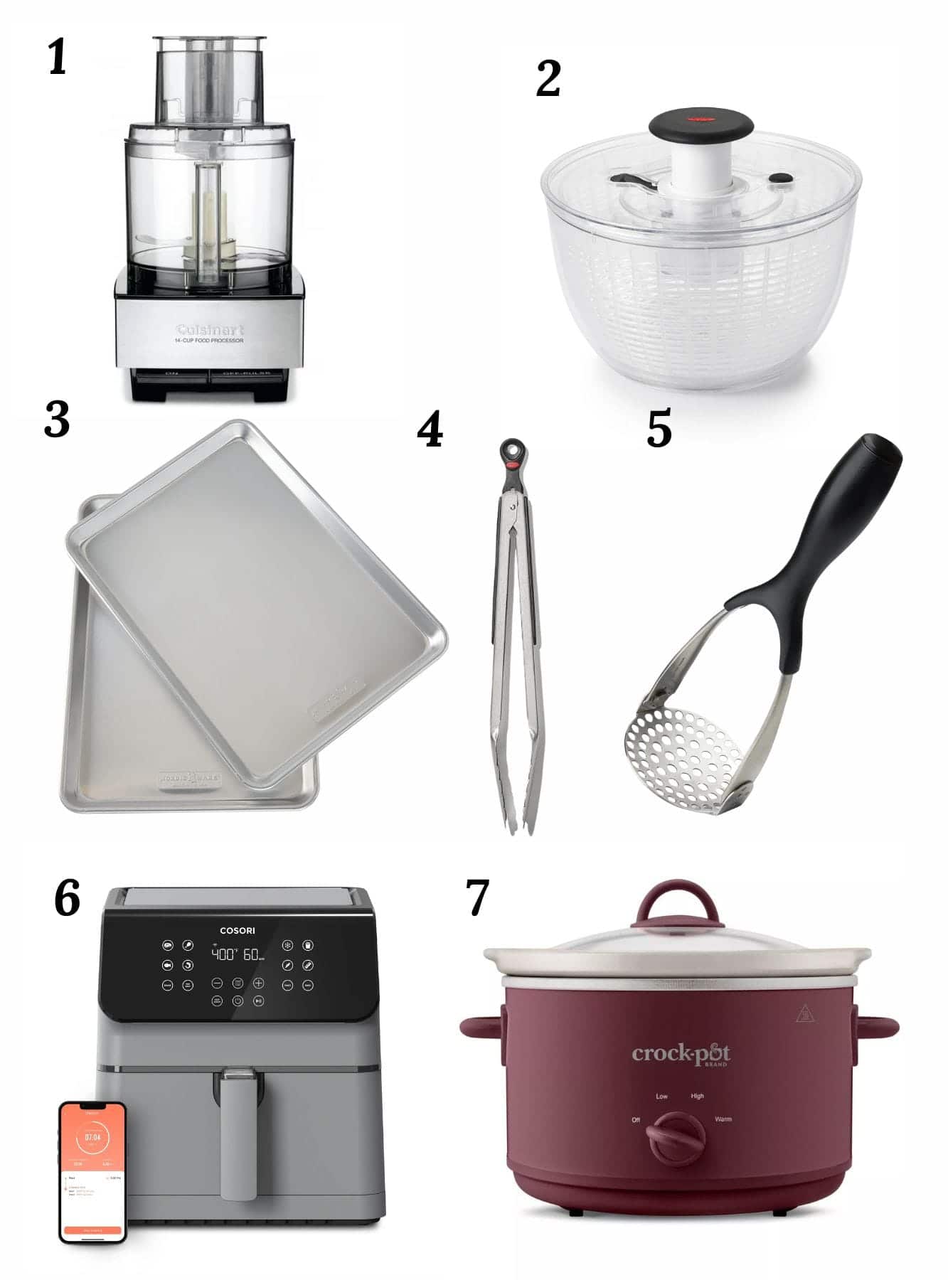 Christmas Gift Guide showcasing essential kitchen appliances and tools. Items include: 1. Cuisinart food processor, 2. Salad spinner, 3. Set of baking sheets, 4. Metal tongs, 5. Potato masher, 6. Cosori smart air fryer with app integration, and 7. Burgundy Crock-Pot slow cooker. Each item is numbered and arranged on a white background.