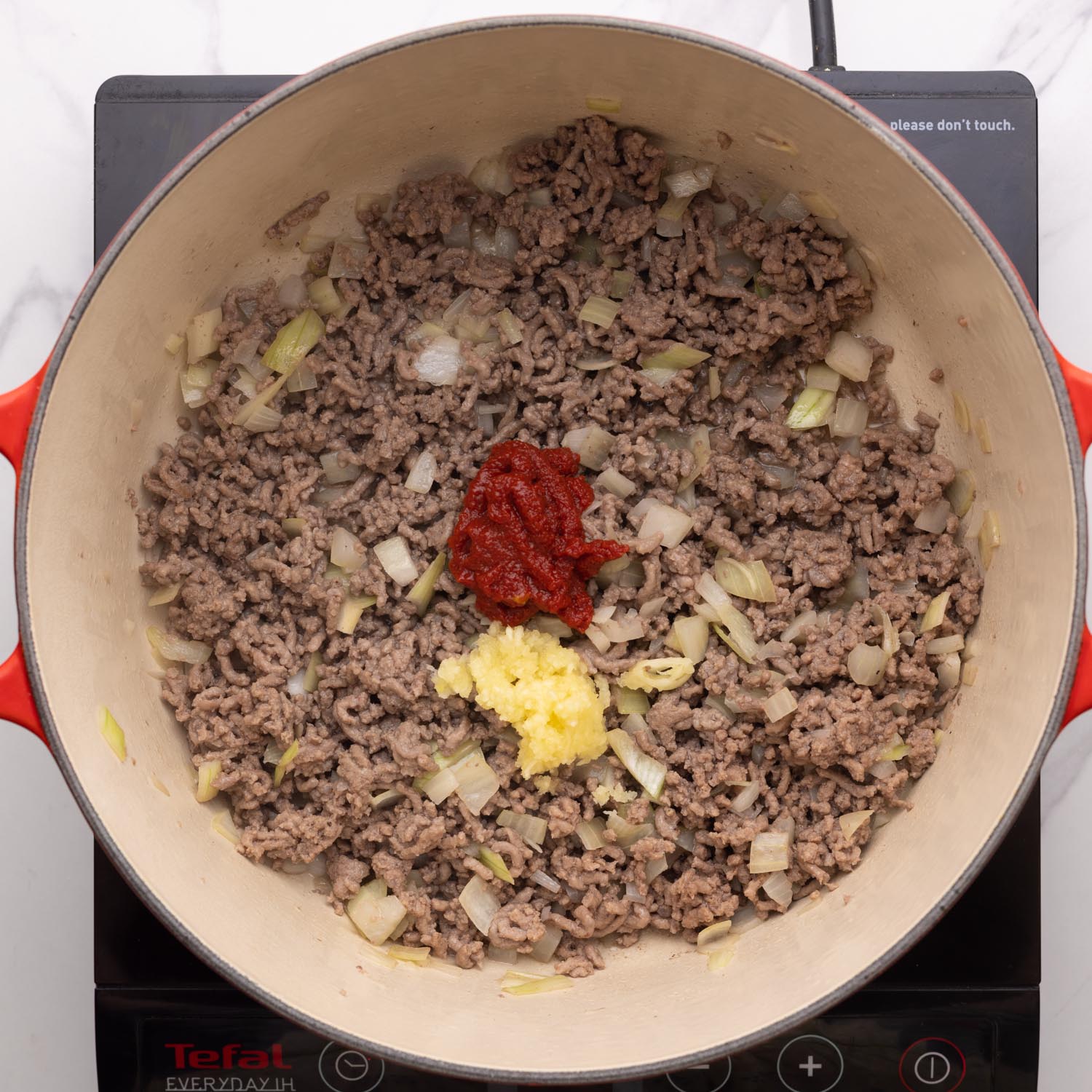 cooked ground beef and onions in a pot. Tomato paste and garlic added.