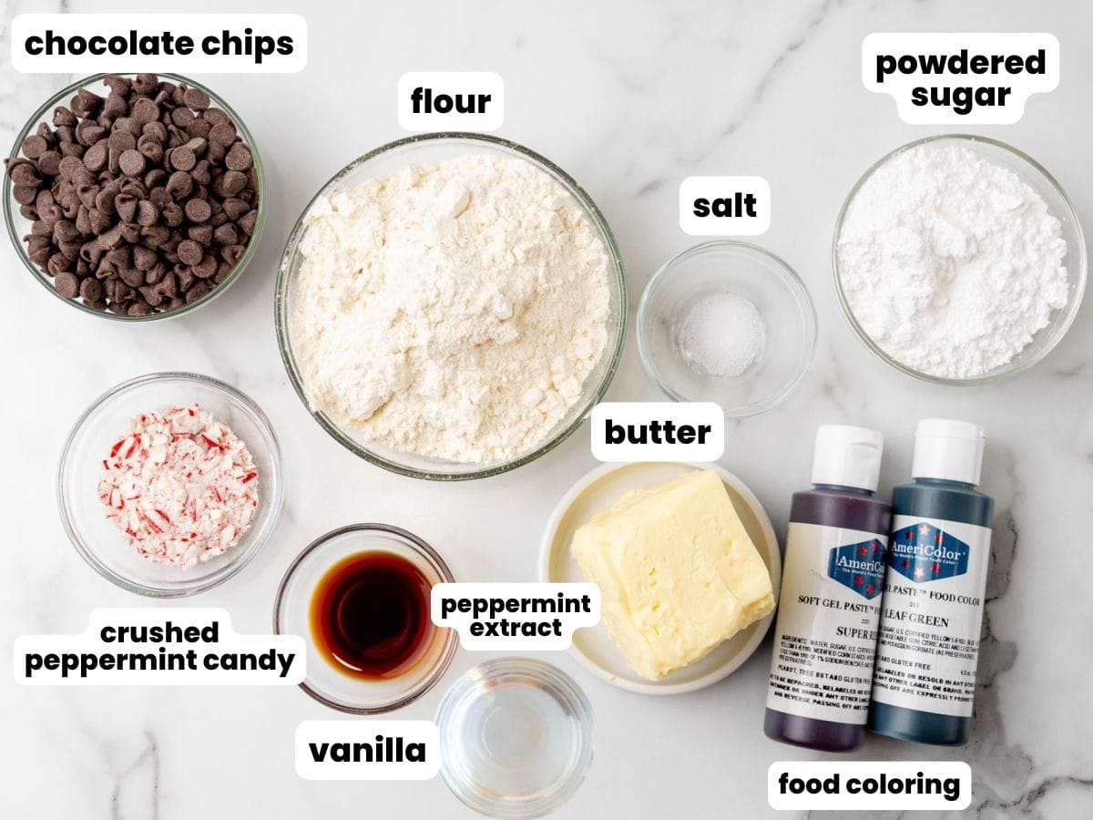 Ingredients for peppermint shortbread cookies, including chocolate chips, gel food coloring, and crushed peppermints.