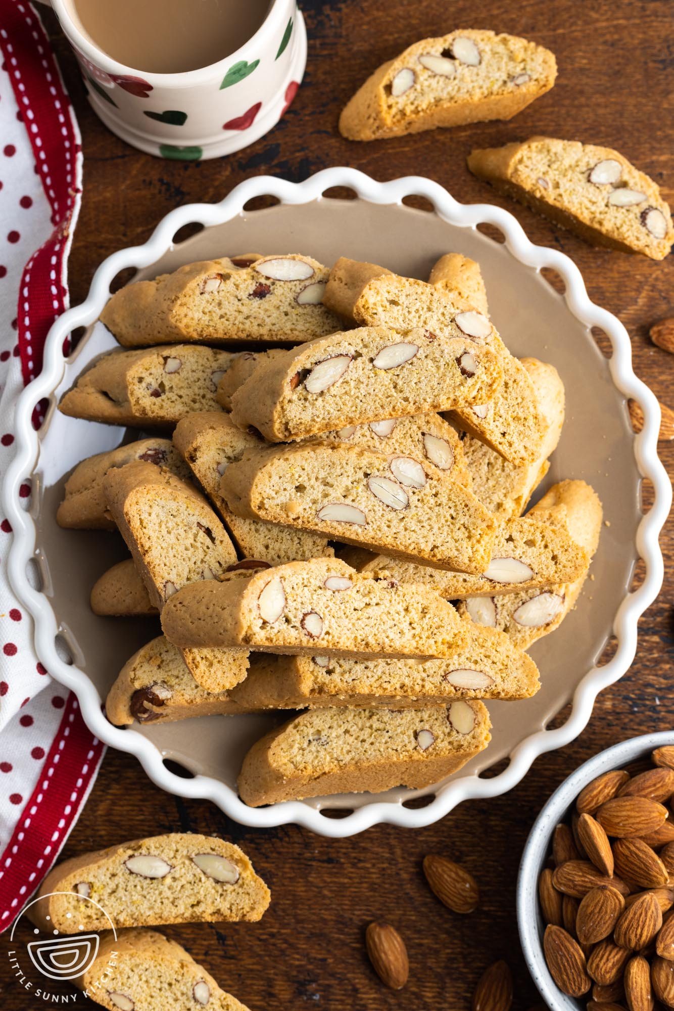 overhead view of a bowl filled with cantucci biscotti.