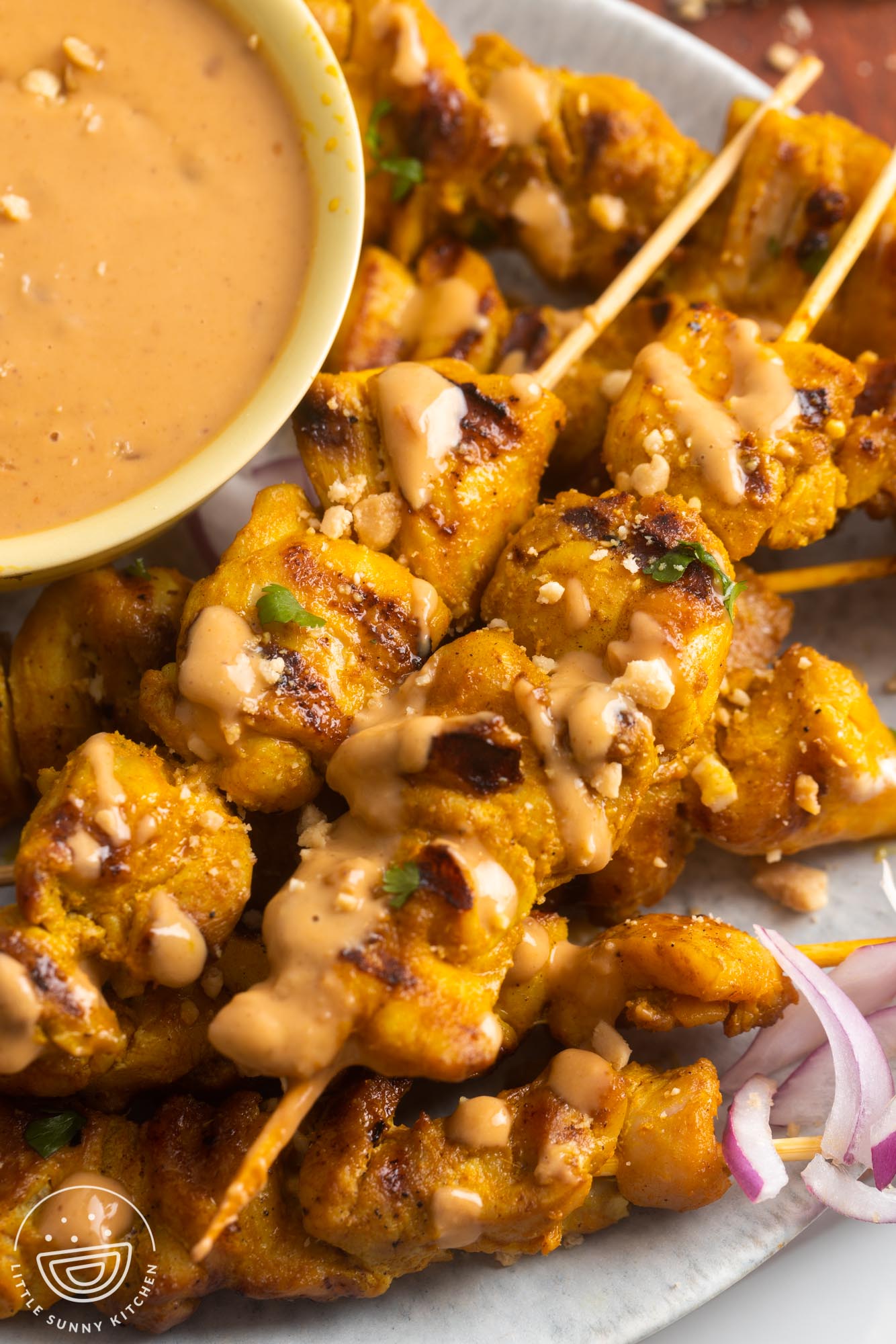 chicken satay skewers with a side of peanut sauce .