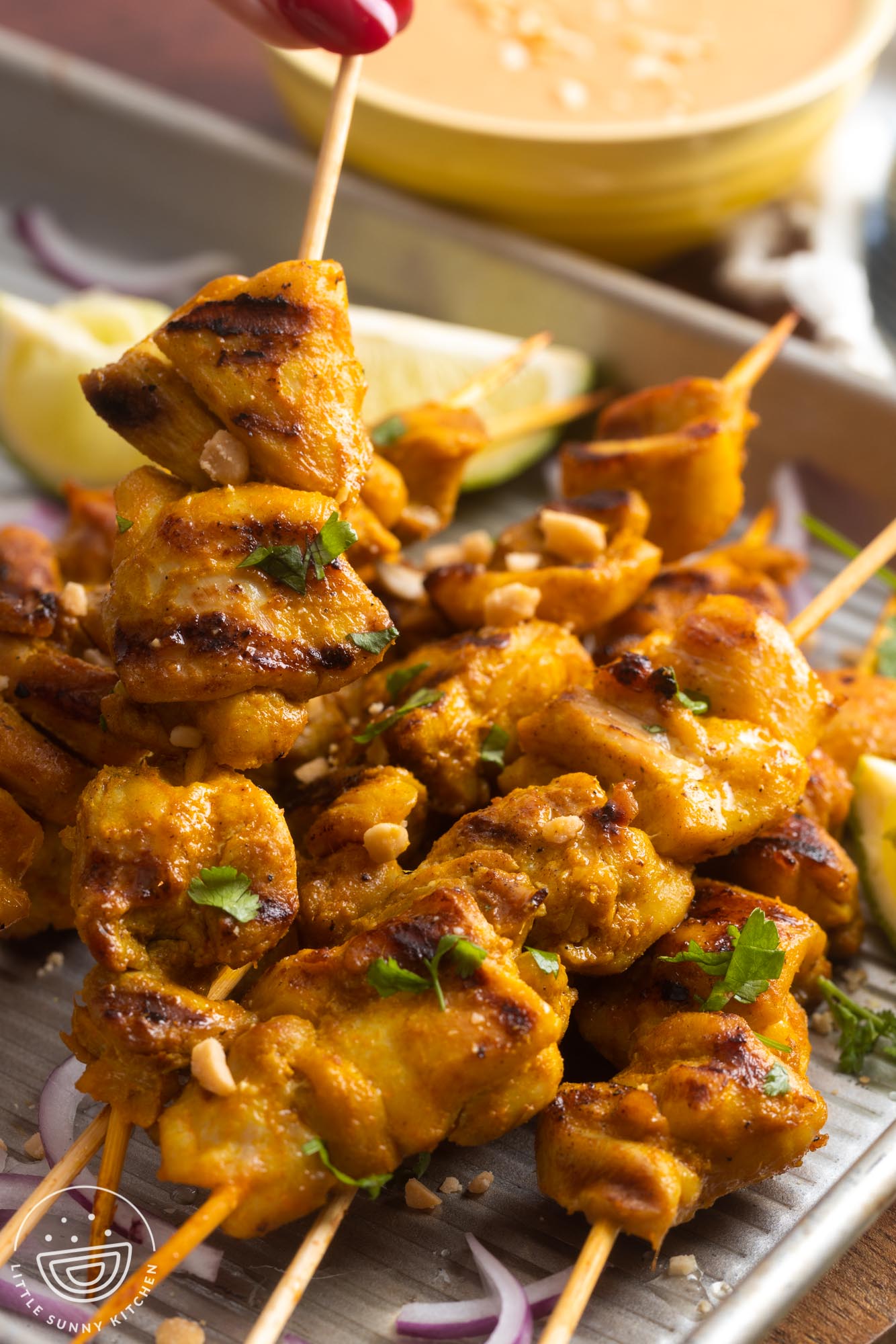 a platter of chicken satay skewers