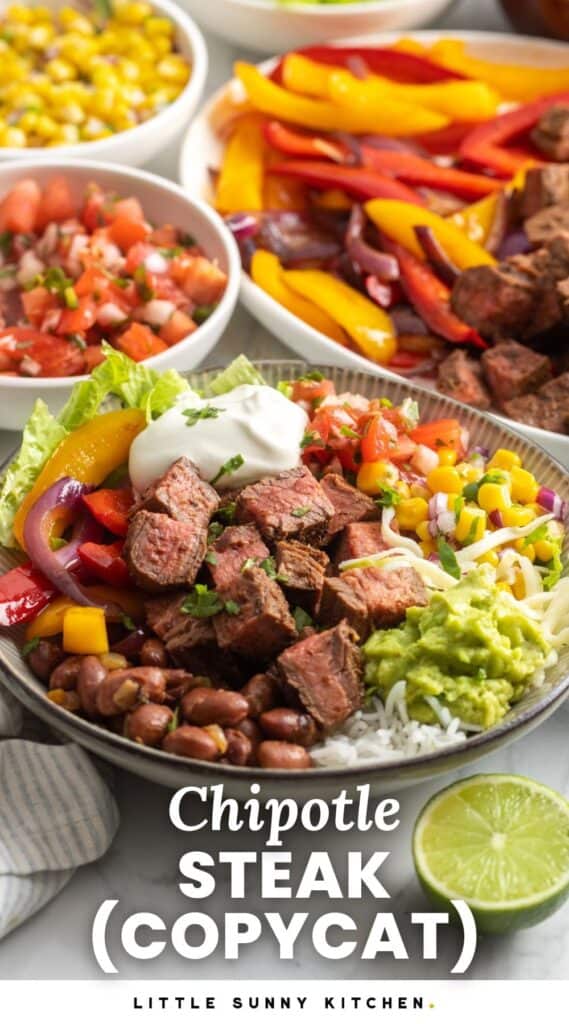 A steak burrito bowl with beans, guac, and salsa. Text overlay says "chipotle steak (copycat)"