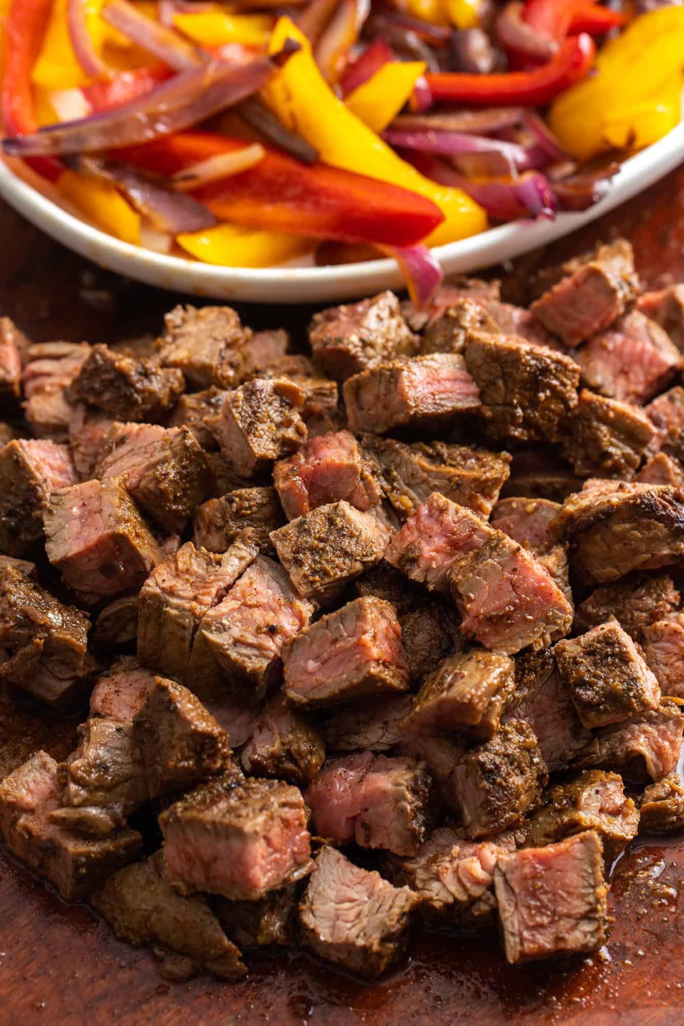 copycat chipotle steak cut into small cubes.