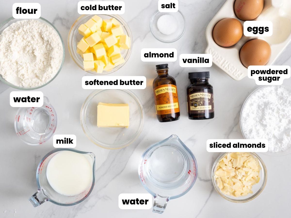 Ingredients needed to make danish puff pastry with almonds