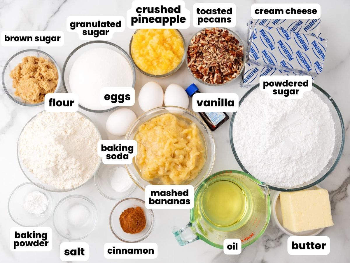 The ingredients needed to make classic hummingbird cake, including bananas, pineapple, and pecans.