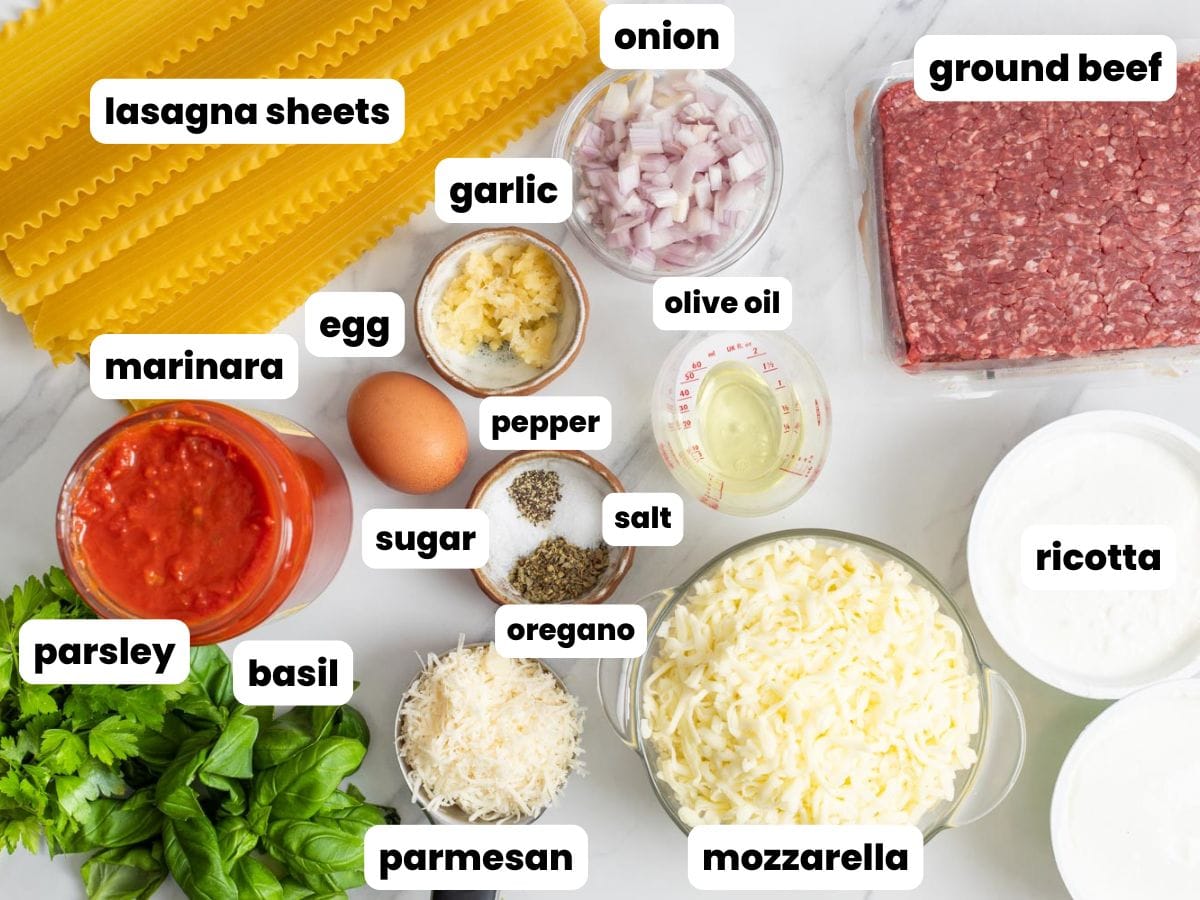 Ingredients for making homemade lasagna from scratch.