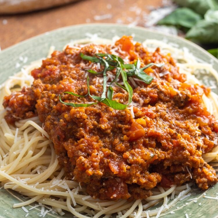 a light green plate of spaghetti and meat sauce with hidden vegetables.