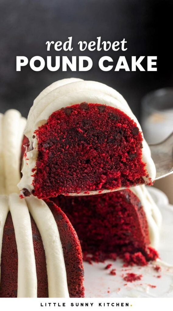 a slice of red velvet bundt cake with chocolate chips and frosting lifted away from the whole cake. Text overlay says "red velvet pound cake"