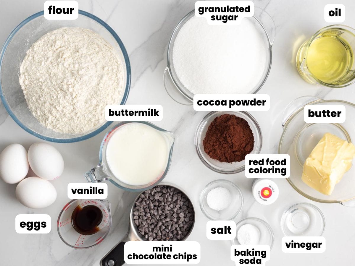 The ingredients needed to make red velvet pound cake including mini chocolate chips.