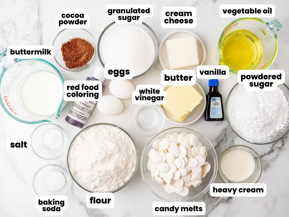 Ingredients needed to make cake pops with homemade red velvet cake and cream cheese frosting. 