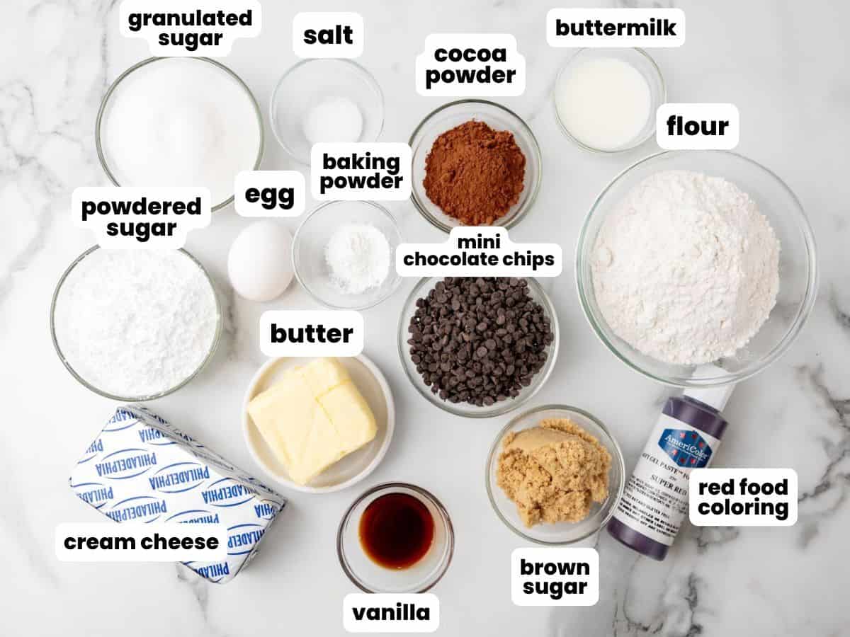 Ingredients for making red velvet cookies stuffed with cheesecake filling