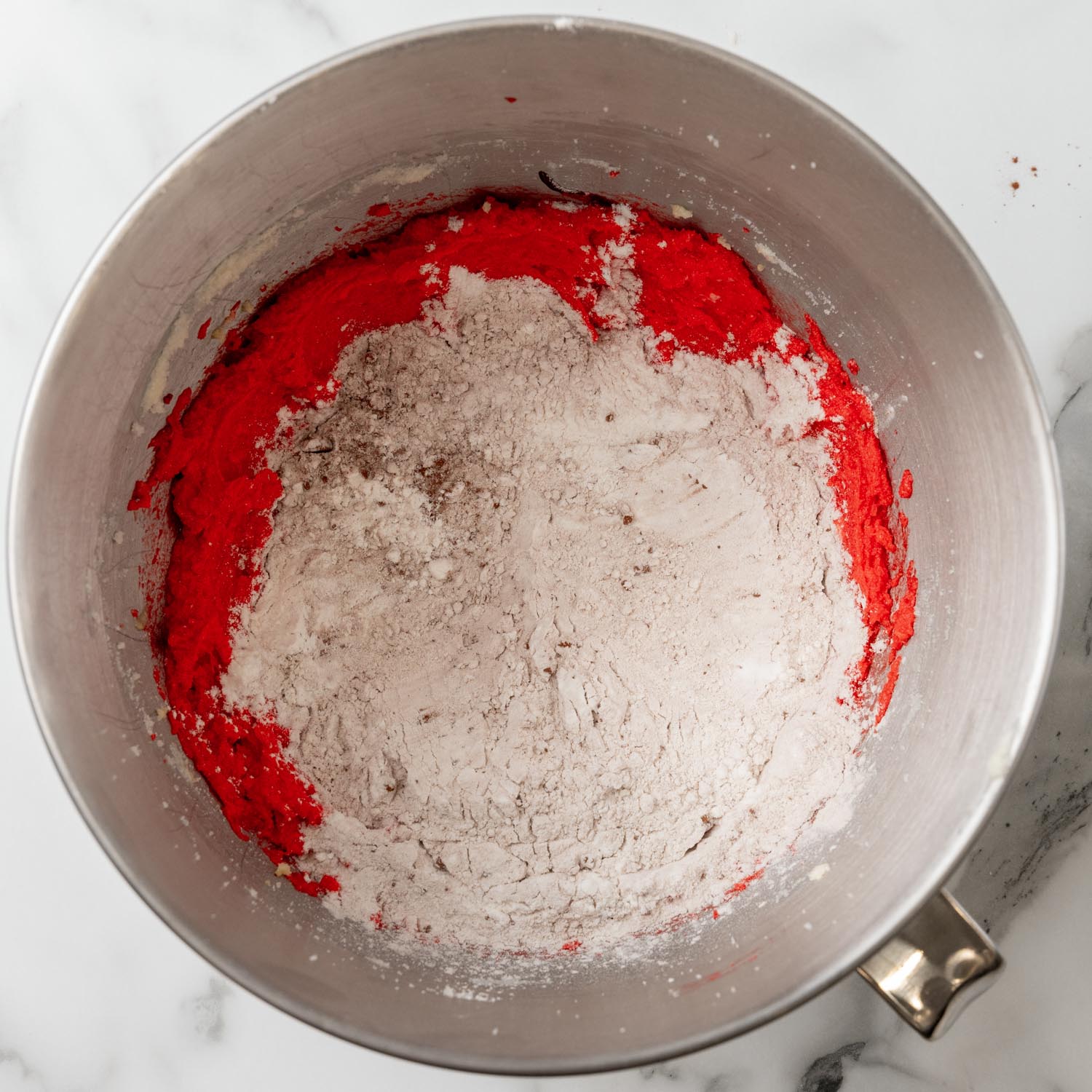 dry ingredients added to wet ingredients to make whoopie pie batter.