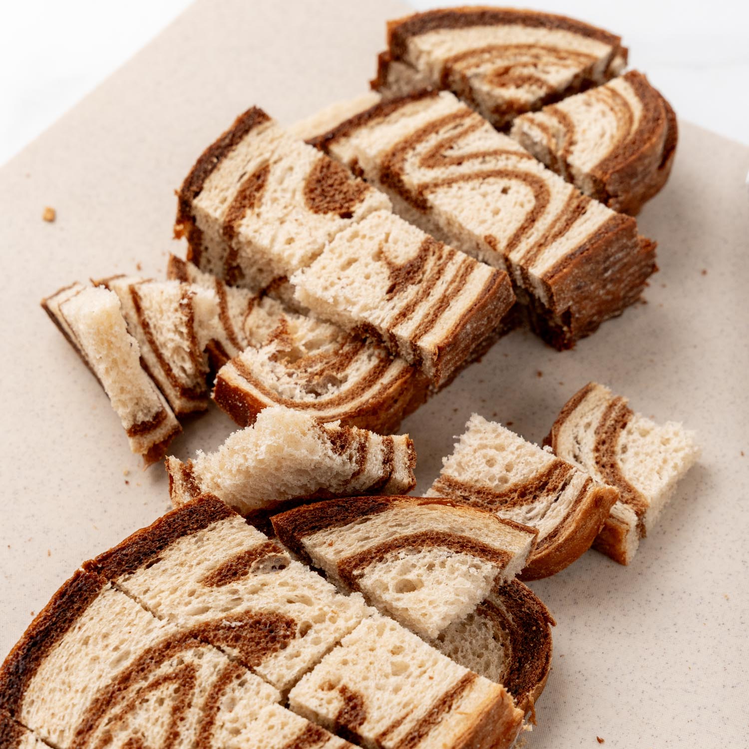 slices of marble rye bread cut into cubes.