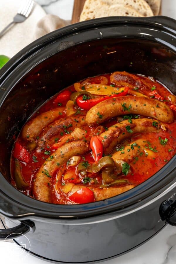 Easy Slow Cooker Peppers and Sausage- Little Sunny Kitchen