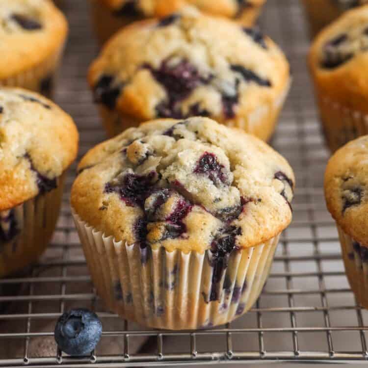 baked blueberry muffins cooling on a wire rack. Fresh berries are on the counter in front of the muffins.