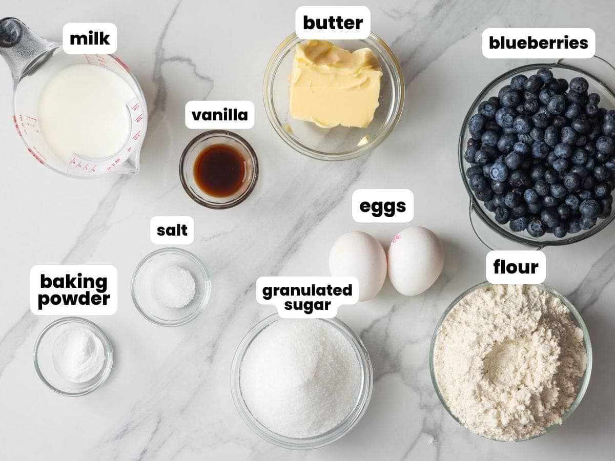 The ingredients for making fresh blueberry muffins, all in small bowls on a marble counter.