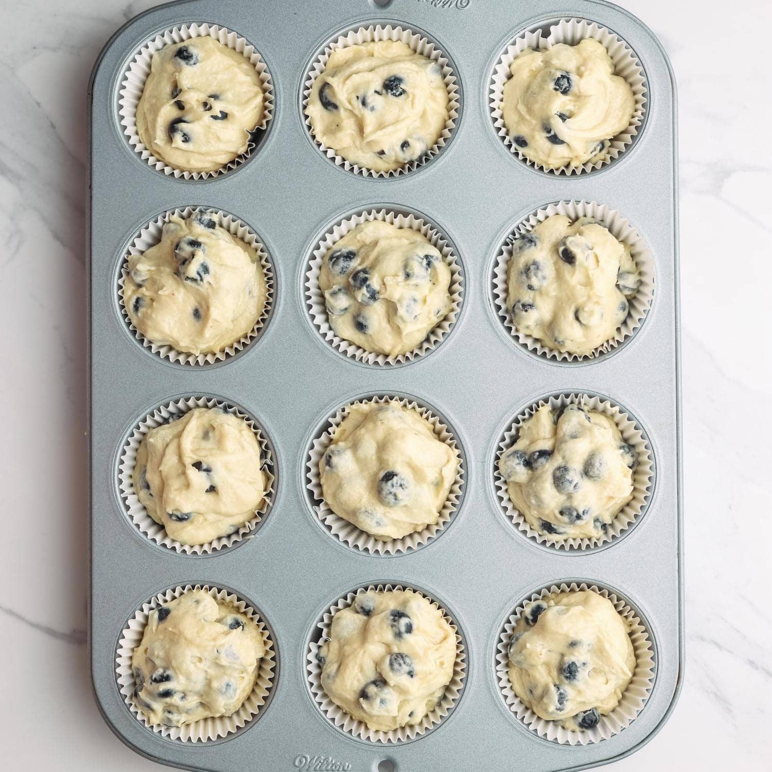 blueberry muffin batter in 12 paper liners in a metal muffin pan.