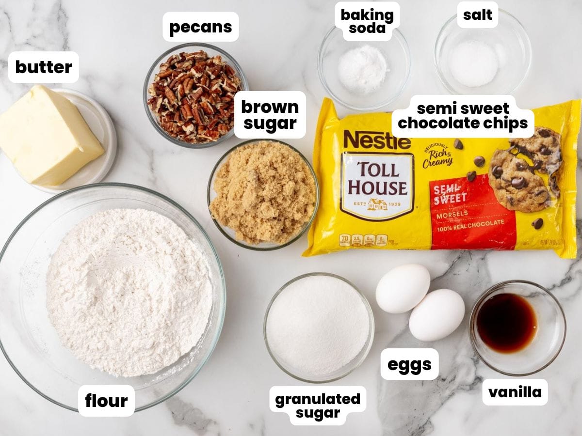 Ingredients for toll house cookie bars with pecans and chocolate chips.