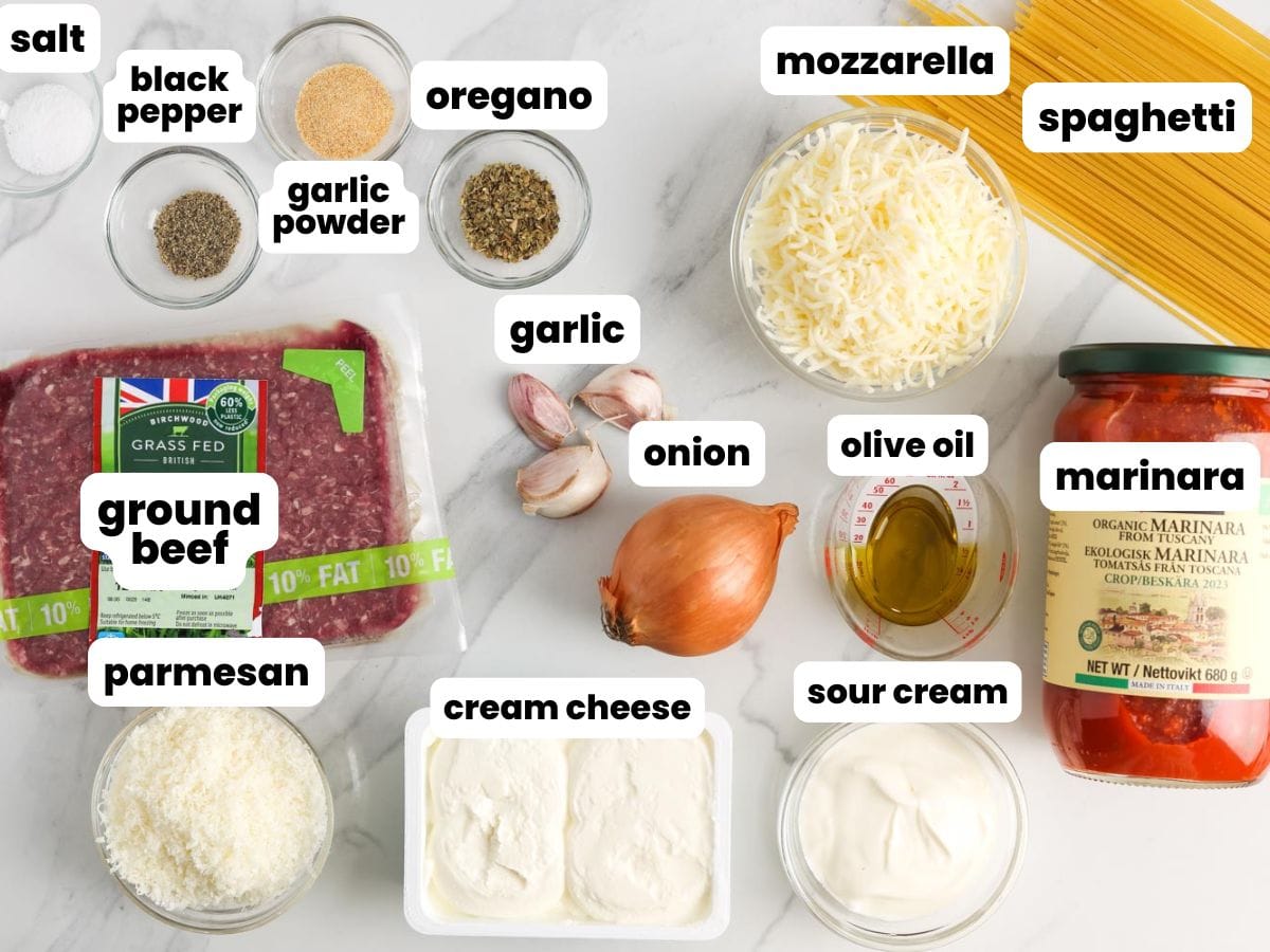 The ingredients needed for baked cream cheese spaghetti.