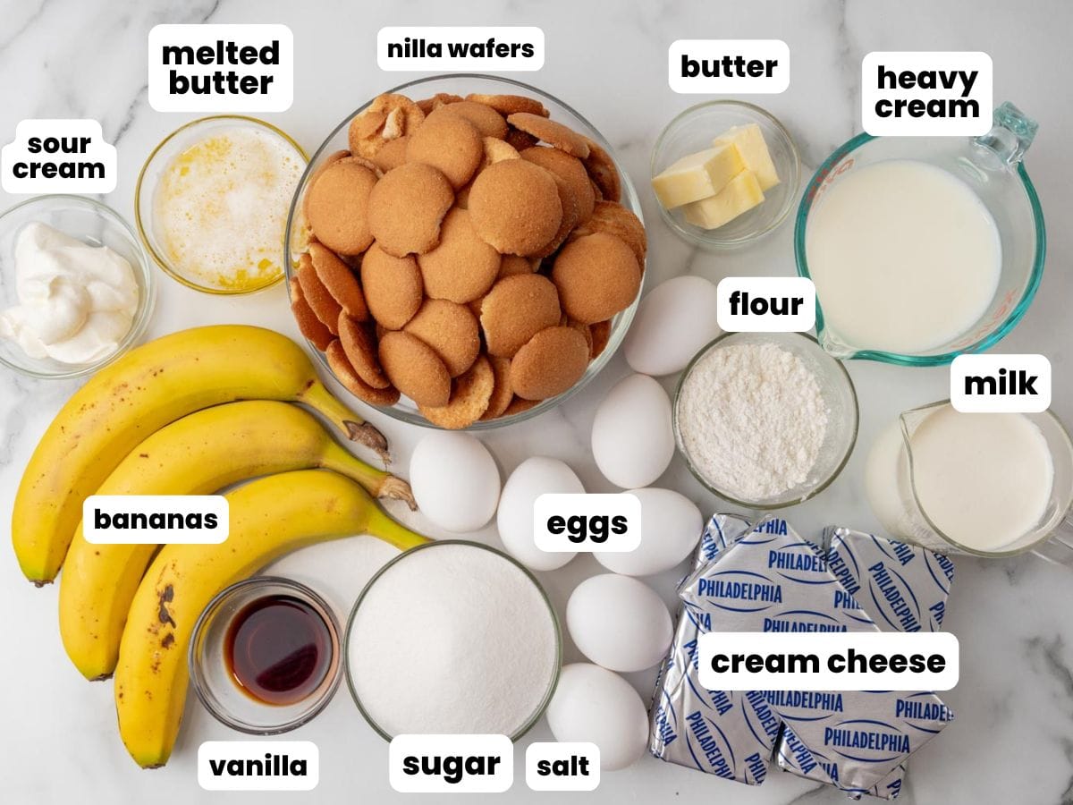 The ingredients needed to make banana pudding cheesecake with vanilla wafer crust.