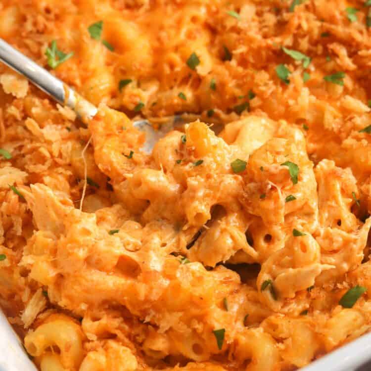 closeup of a pan of baked buffalo chicken mac and cheese.