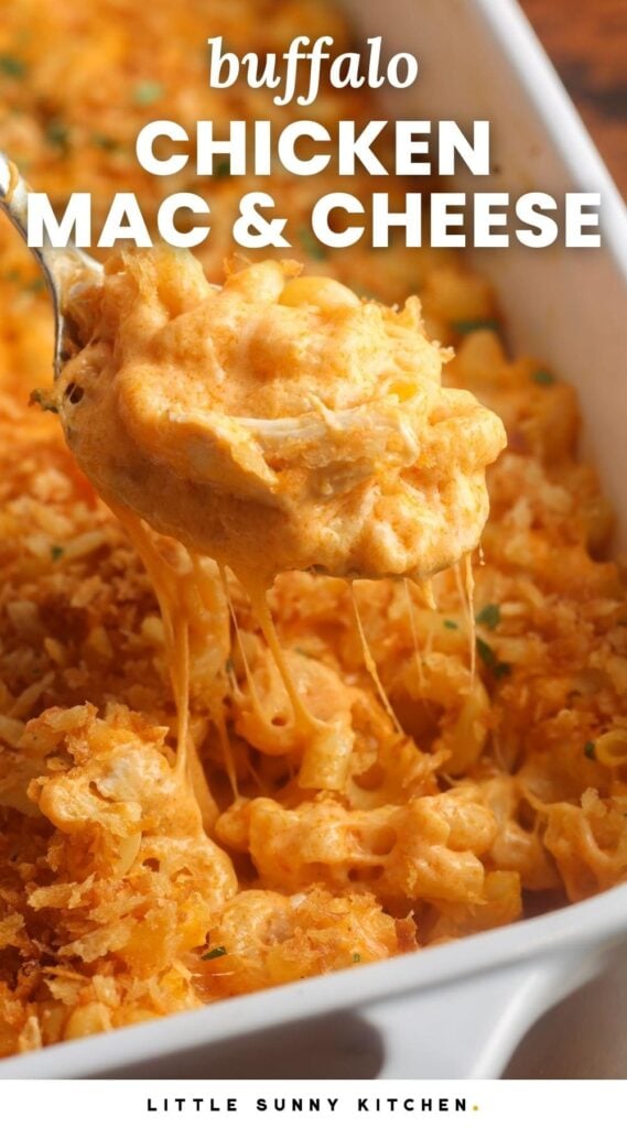 a closeup of a pan of buffalo chicken macaroni. Text overlay says "buffalo chicken mac and cheese"