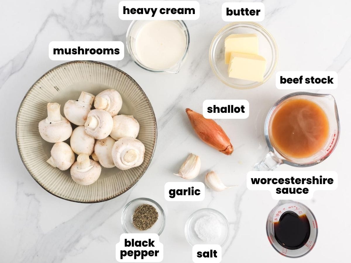 Ingredients for mushroom sauce for steak, including shallot, beef stock, worcestershire, cream, and mushrooms