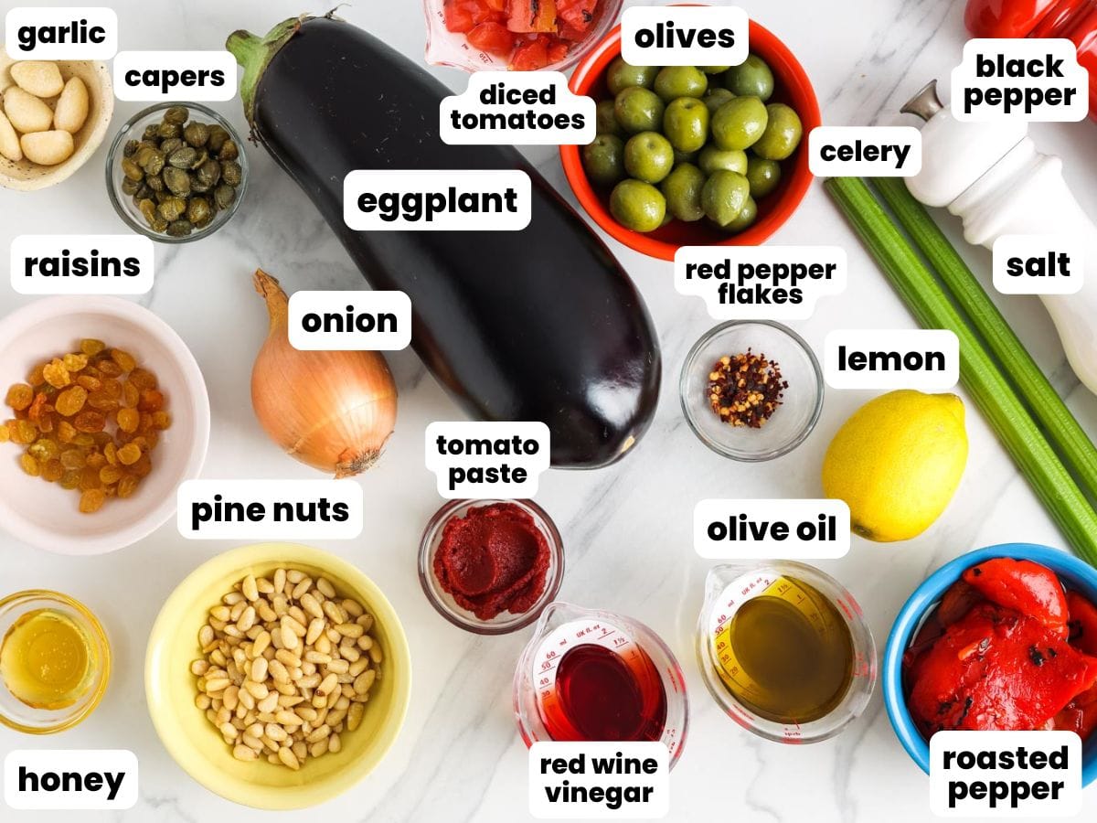 a large eggplant, plus the rest of the ingredients needed to make a traditional easy caponata spread.