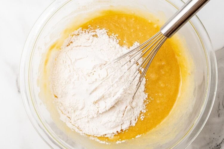 dry ingredients whisked into wet ingredients to make cookie pie.