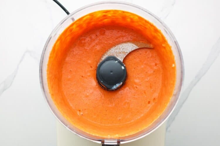 creamy roasted red pepper cottage cheese pasta sauce in a food processor.