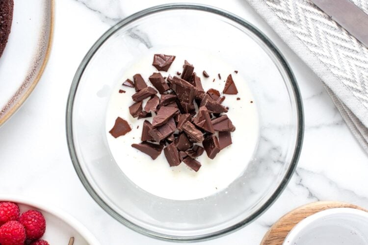 semisweet chocolate chunks added to warm cream to create ganache.
