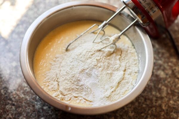 flour mixture added to egg mixture and mixed with a hand mixer.