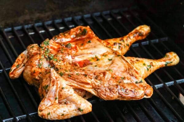 marinated spatchcocked chicken, skin down on a grill.
