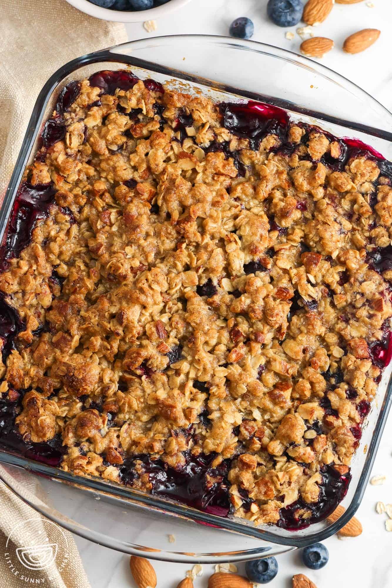 baked blueberry crisp with browned oat nut topping.