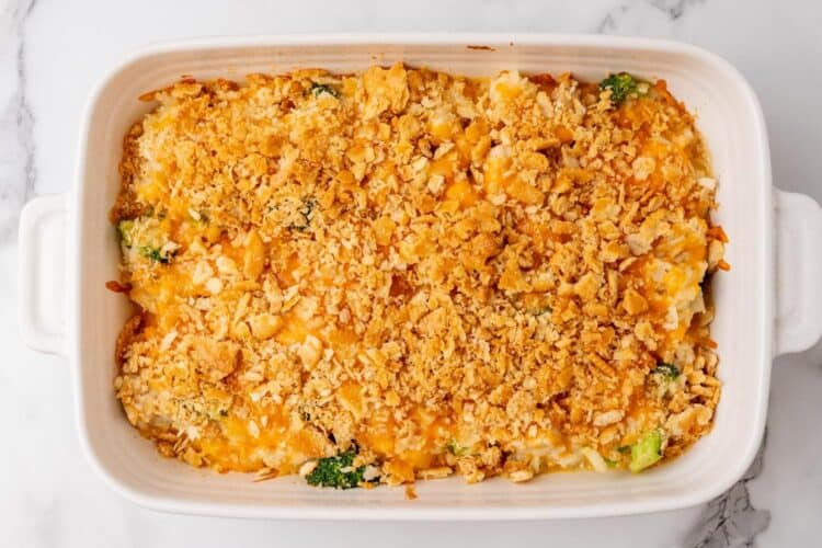 baked chicken broccoli cheese casserole with rice, topped with toasted ritz cracker crumbs.