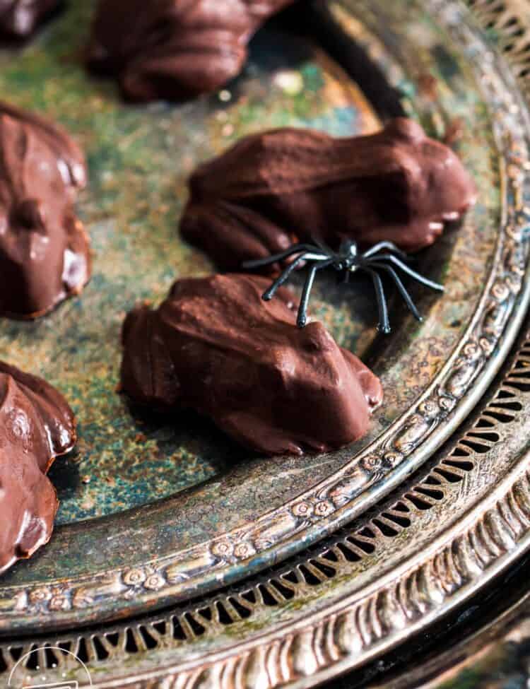 Close-up of homemade chocolate frog candies on an antique silver tray, with a small plastic spider decoration for a spooky Halloween touch.