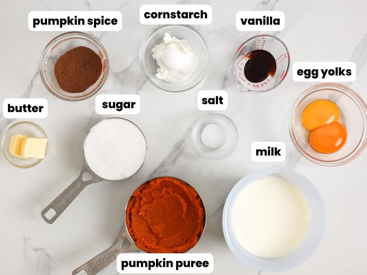 Ingredients for pumpkin pudding, measured into glass containers, arranged on a marble counter. Included are pumpkin spice, cornstarch, vanilla, egg yolks, butter, sugar, salt, milk, and pumpkin puree.