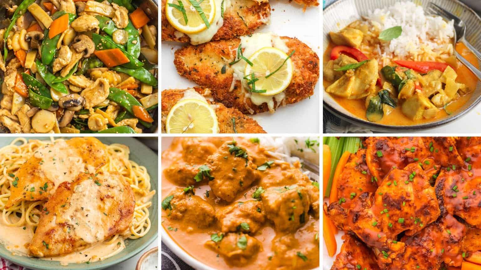 Collage of six 30-minute chicken dinners including moo goo gai pan stir fry, crusted chicken Romano with lemon slices, Thai red curry with chicken and vegetables served over rice, creamy chicken marsala over pasta, butter chicken with rice, and spicy buffalo chicken thighs with carrot and celery sticks.