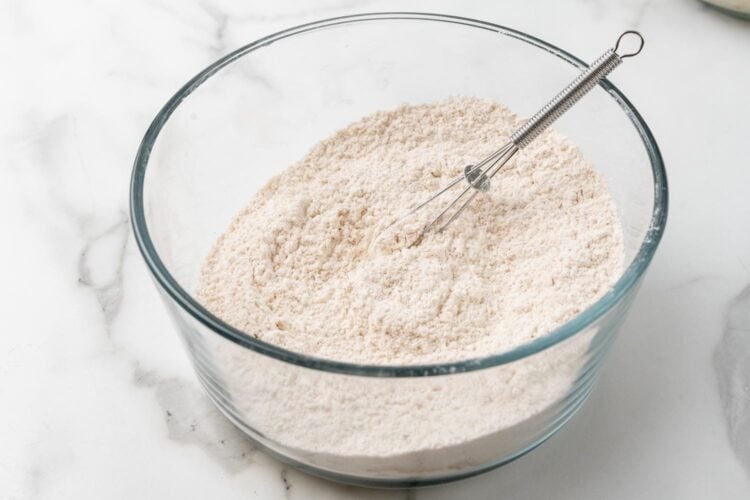flour, baking powder, cinnamon, whisked together in a small glass bowl with a very small wire whisk.