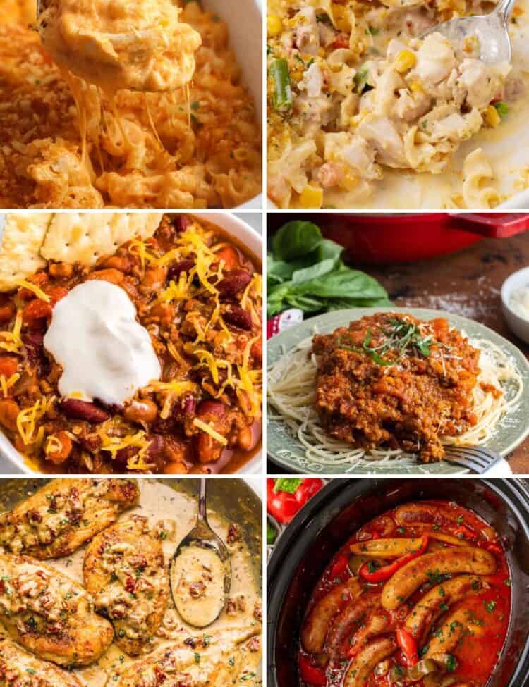 Collage of six hearty dinner recipes: baked macaroni and cheese with melted cheese pull, creamy chicken and vegetable casserole, bowl of chili topped with shredded cheese and sour cream, plate of spaghetti with meat sauce, skillet of creamy Tuscan chicken with sun-dried tomatoes, and slow cooker sausage with peppers in tomato sauce.