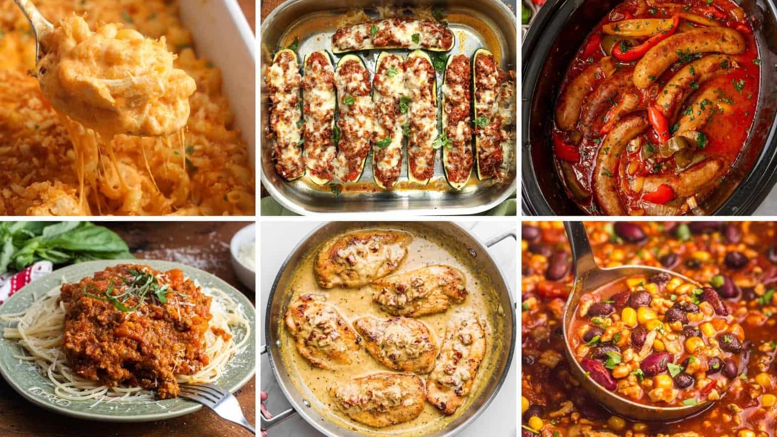 Collage of six easy back-to-school dinner recipes including cheesy chicken casserole, stuffed zucchini boats, slow cooker sausage and peppers, spaghetti with meat sauce, creamy skillet chicken, and hearty turkey chili with beans and corn.
